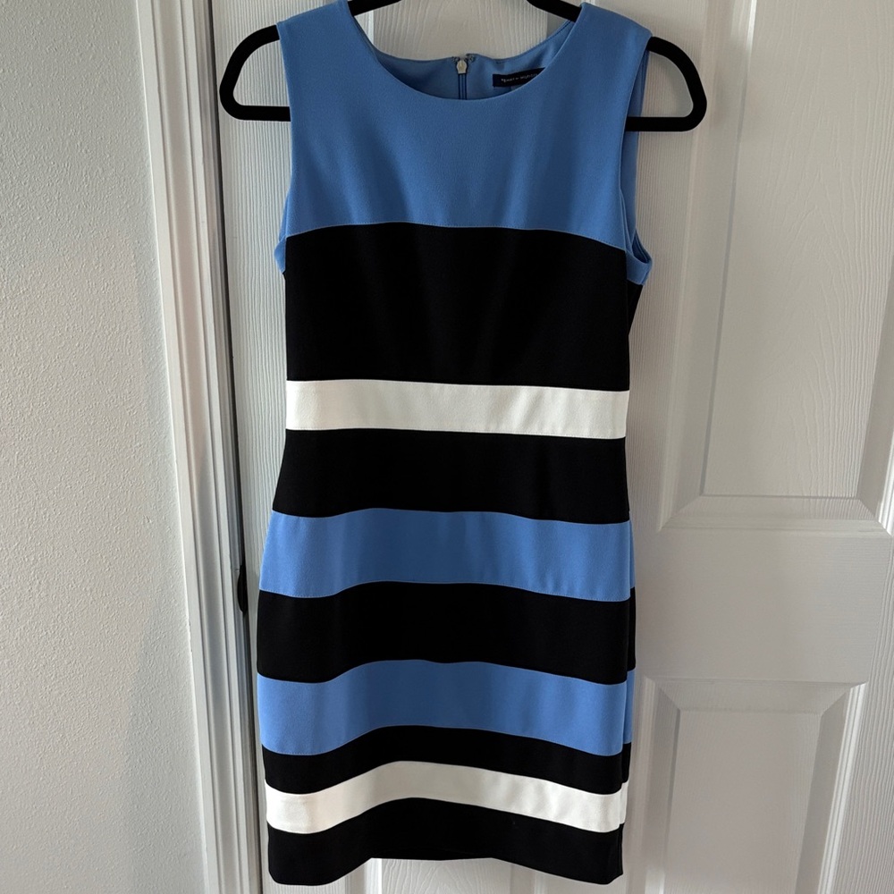 TOMMY HILFIGER Blue, Black, and White Striped Midi Dress